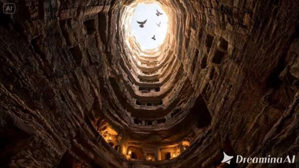 dreamina-2026-08-06-1453-A dramatic vertical view looking down th...